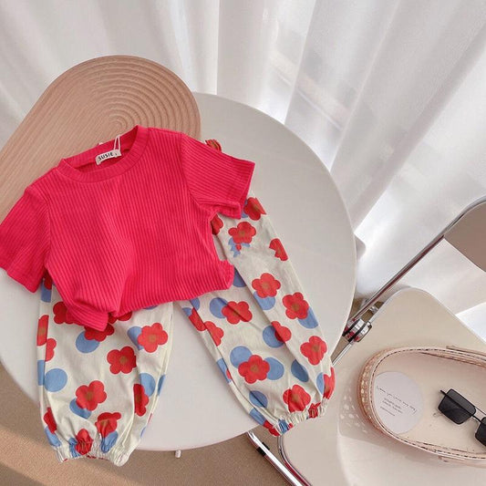 Girls' Suit Summer Clothes Korean Version of Short-sleeved Shirt Bottoming Shirt Girl Baby Mosquito Pants Two-piece Suit