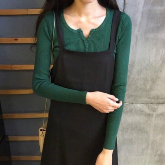 Pofulove Long Sleeve V-neck Pullover Short Button Sweater Women Open Navel Sexy Slim Waist Knitwear