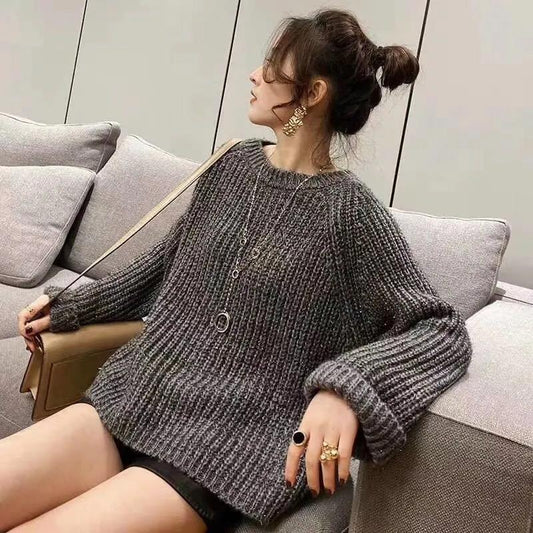 Fashion Loose Crewneck Sweater Bright Silk Knitted Knit Sweater Women's Lazy Wind Long Sleeve Thickened Sweater