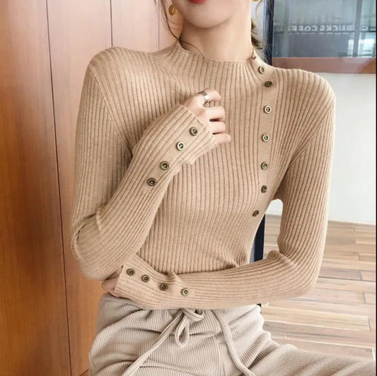 Button Half Turtleneck Sweater Women's Slim Fit Slim Long Sleeve Bottom Shirt Fashion Solid Color Stretch Pullover Large Size