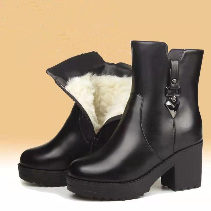 Women's Thick Heel and Cotton Boots Warm Non-slip Mid-tube All-match Women's Cotton Shoes Thick-soled Winter Boots
