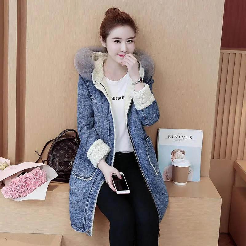 Winter Coat Women's Mid-length Loose and Thick Plus Velvet Lamb Wool Cotton Jacket Denim Jacket Cotton Jacket