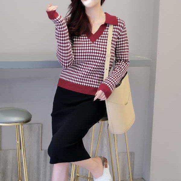 Vintage Rhombus Plaid Printed Sweater V-neck Short Women's Slim Knit Sweater All-match Pullover Jumper Top