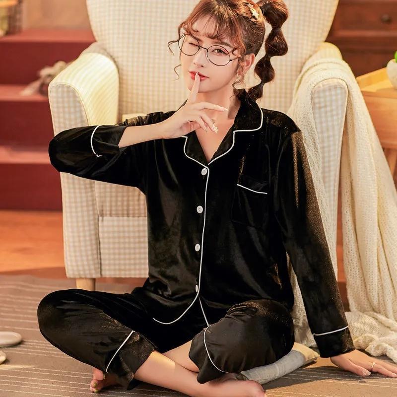 Women Winter Pajamas Sleeping Suits Warm Sleepwear Velvet Sleepshirt Homewear Button Closure Long Sleeve Top and Panty Sets Plus Size M-5XL