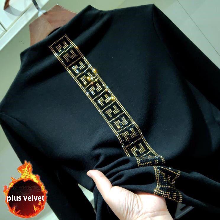 Plus Velvet Bottoming Shirt Women Autumn and Winter Korean High-neck Rhinestone Pullover Bottoming Shirt