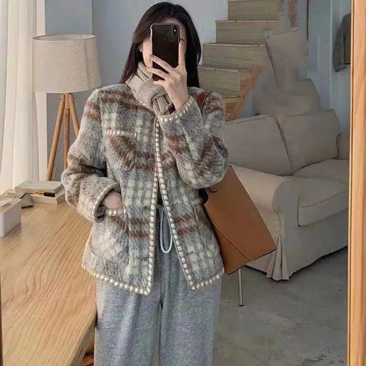 Temperament Lady Short Coat Female Slim All-match Plaid Small Fragrance Temperament Woolen Top Ladies Long-sleeved Coat