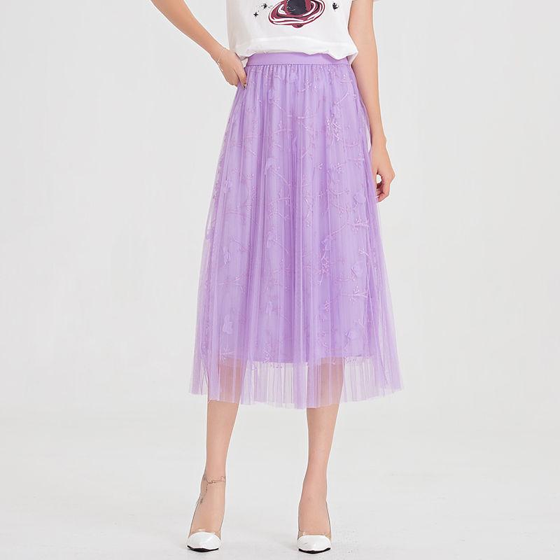 Summer Midi Mesh Skirt Women Elastic Empire Pleated Skirt Chic Long Tulle Ins Tutu Skirt Femme