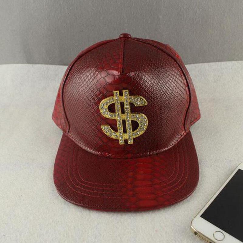Vogue Dollar Logo Crocodile hip hop rap PU Leather Hats Gold Rhinestone Street DJ Money Baseball Cap