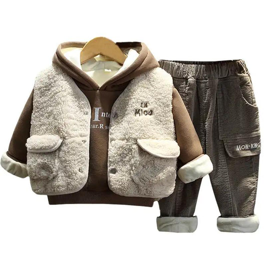 Boys Plus Velvet Padded Suit Autumn and Winter Baby Lamb Cashmere Vest Three-piece Children's Winter Clothing Trend Cute Cotton Clothing