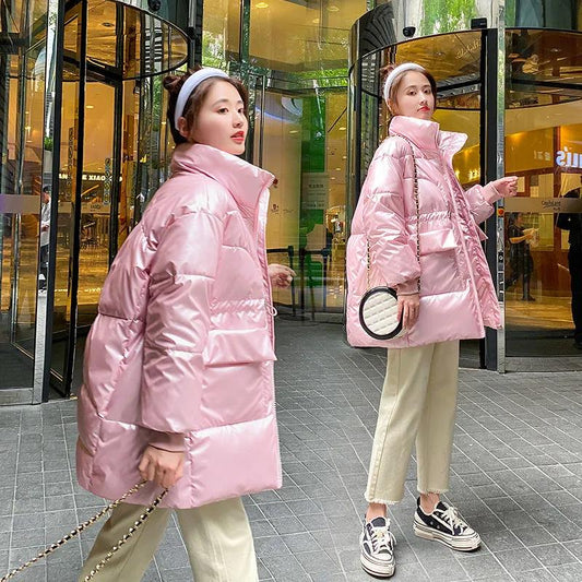 Down Cotton Jacket Winter Thicken Warm Loose Fashion Color Glossy Disposable Stand Collar Mid-length Cotton Jacket Women
