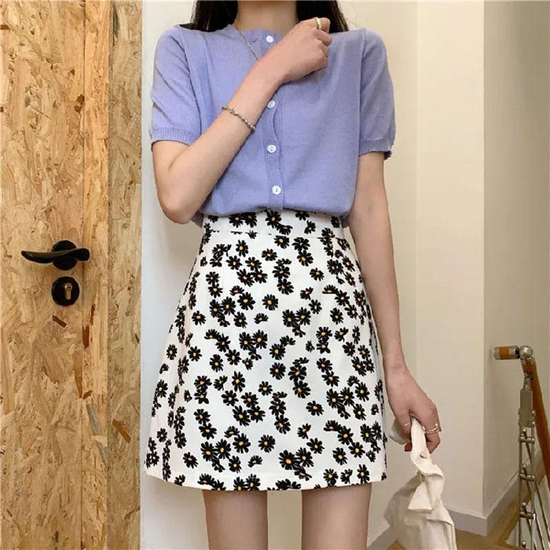 Wrinkled Chrysanthemum Chiffon Skirt Summer Women's Flower Printed Short Skirt A-line High Waist Retro Bag Hip Skirt Thin All Match Casual Mini Skirt