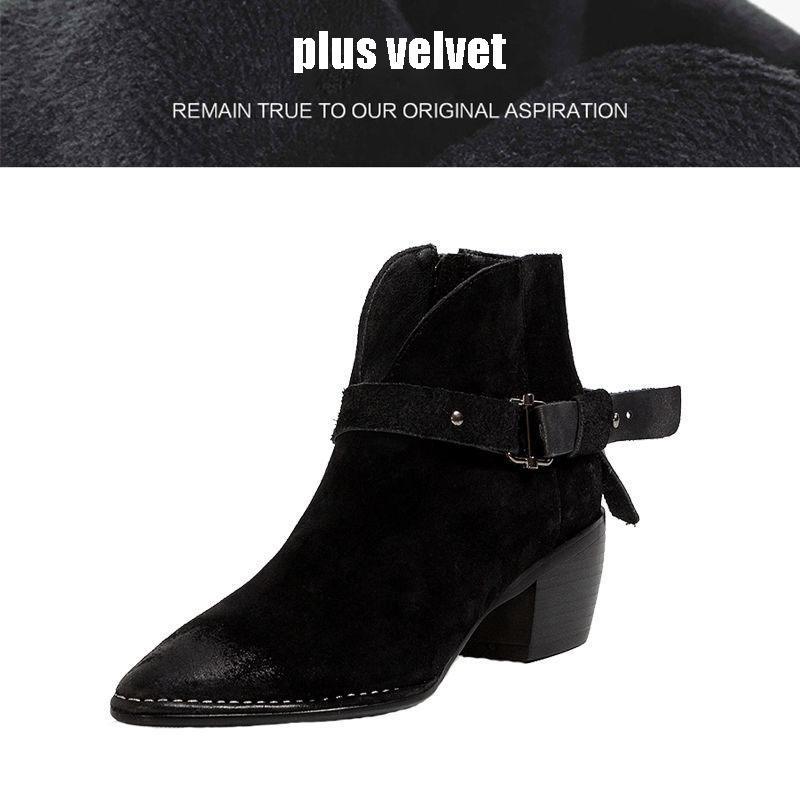 Vintage Pointed Suede Boots British Style Soft Chelsea Boots Thick Heel Plus Velvet Ankle Boots