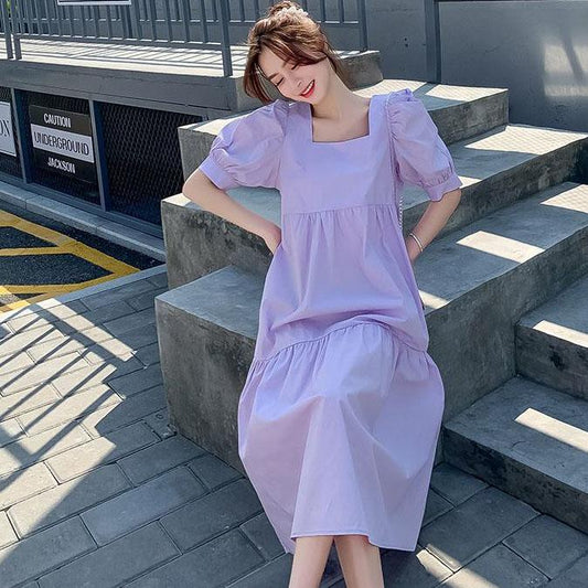 Female Simple Large Size Elegant Holiday Dress Summer High Waist Slim Vintage Gentle Solid Vacation Dress