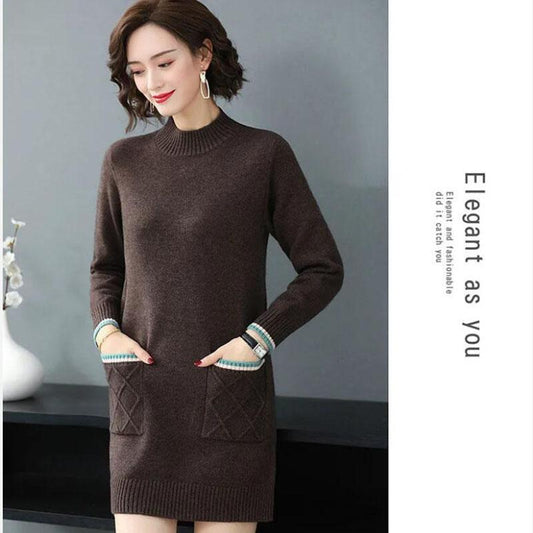 Autumn Winter High Quality pullover Sweater Dress Women Knit Dress thick Long Sweater Dress with Pockets Outer Wear