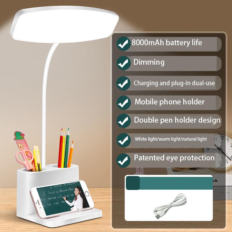 LED Desk Lamp Eye Protection Study Dormitory Desk Rechargeable Writing Homework Small Desk Lamp Bedroom Bedside Lamp with Pen Holder