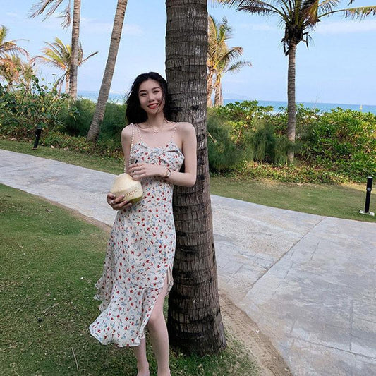 Floral Pearl Sling Dress Summer Mid-length Split Sweet First Love Dress