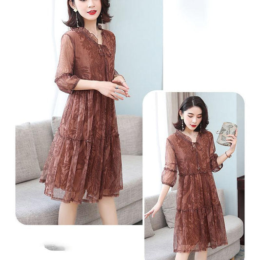 Dress Female Summer Five-point Sleeves Loose Mesh A-line Skirt Light Mature Style Foreign Style Large Size Skirt Summer