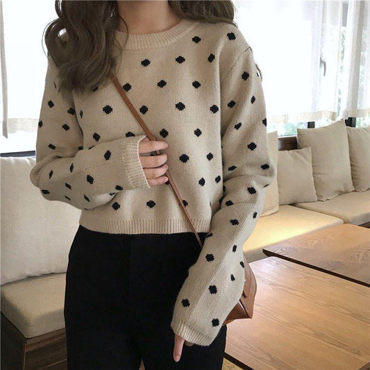 Autumn and Winter Knitted Jacket Long-sleeved Loose All-match Jacket Short Spotted Women's Bottoming Shirt