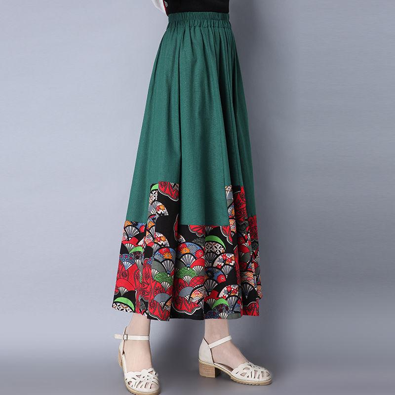 Four Seasons Skirt Stitching Ethnic Style Women's Skirts Cotton and Linen Large Swing Mid-length Skirt Retro Was Thin