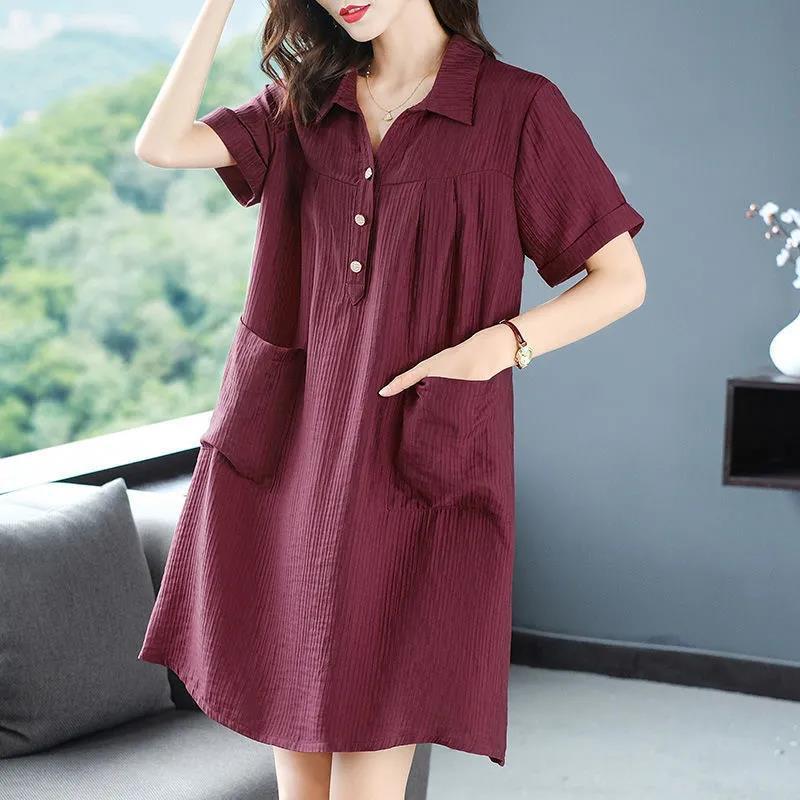 Breathable Linen Fabric Women Dress Loose Turn-down Collar Casual Loose Big Pocket Short Sleeve Buttons Dress