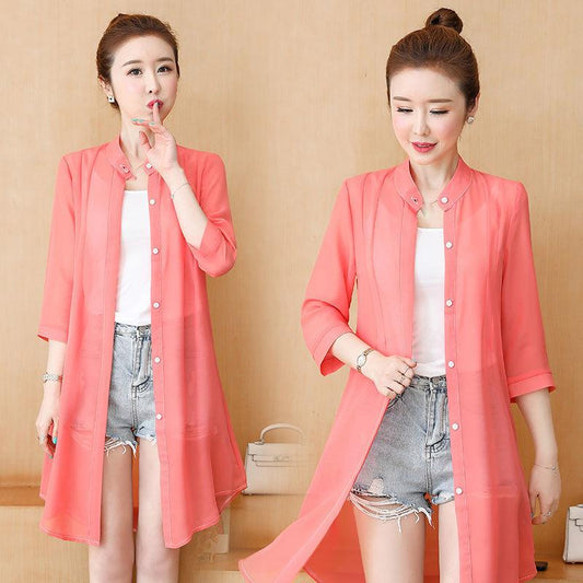 Pure Color Long-sleeved Sun Protection Clothing Women's Mid-length Beach Chiffon Cardigan Thin Coat Fabric Is Light and Breathable