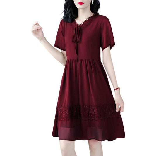 Black Chiffon Short-sleeved Dress Female Loose Large Size Was Thin V-neck Skirt Casual Simple Wild Pure Color Dress