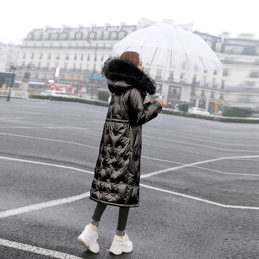 Glossy Down Cotton-padded Jacket for Women's Middle and Long Winter Padded Jacket with Korean Version with Large Fur Collar