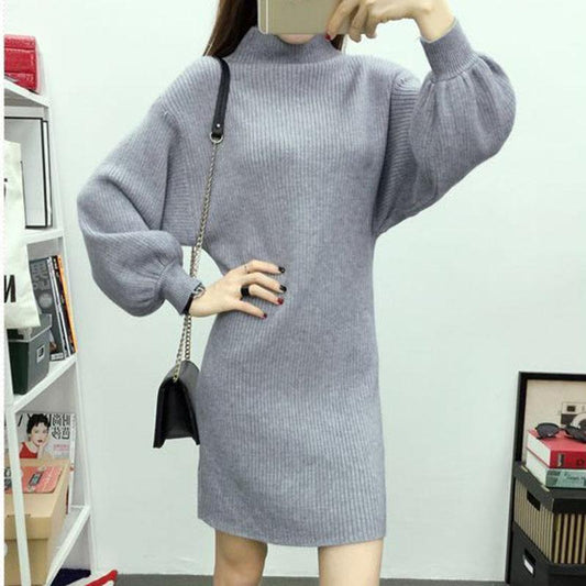 Autumn and Winter High Neck Pullover Lantern Sleeve Sweater Dress Slim Long Knit Sweater