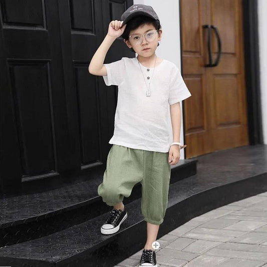 Children's Short-sleeved Two-piece Boys Summer Cotton and Linen Suit Small and Medium Children