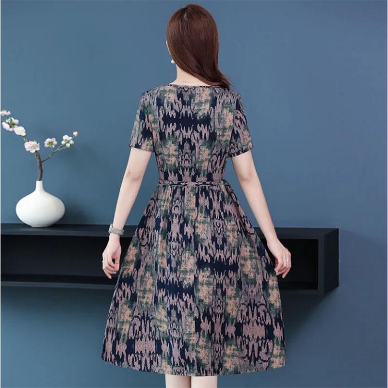 Mom's Cotton Silk Over-the-knee Dress Middle-aged and Elderly Women's Short-sleeved Pockets Mid-length Large Size Loose Floral Skirt