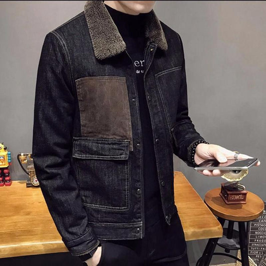Winter Men's Denim Jacket Plus Size Korean Trend Warm Lamb Fur Collar Plus Velvet Thick Slim Jacket