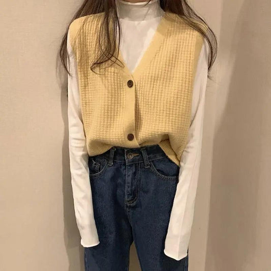 Spring and Autumn Vest Women's Outer Wear Korean Knit Bottoming Shirt Short Solid Color Button Top V-neck Loose