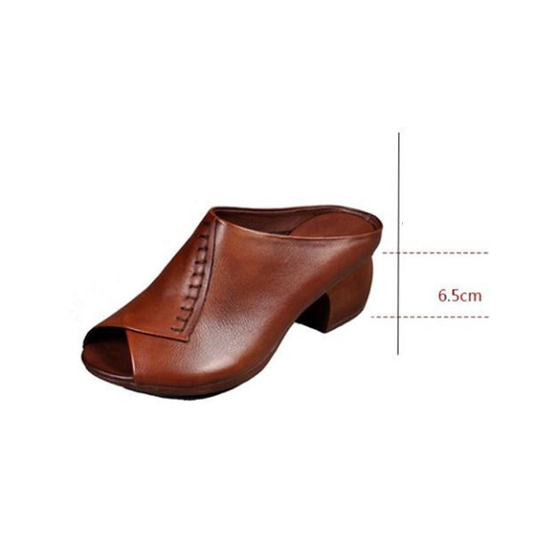Soft Leather Retro Thick Heel Outer Wear Slippers Fish Mouth Shoes Middle Heel Soft Leather Mother Shoes Comfortable Breathable Sandals