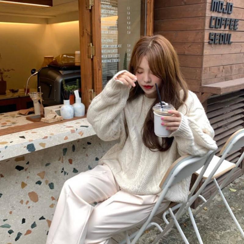 Pofulove Thick Solid Color Twist Sweater Female Students Winter Lazy Wind Loose Round Neck Wild Knitted Jacket