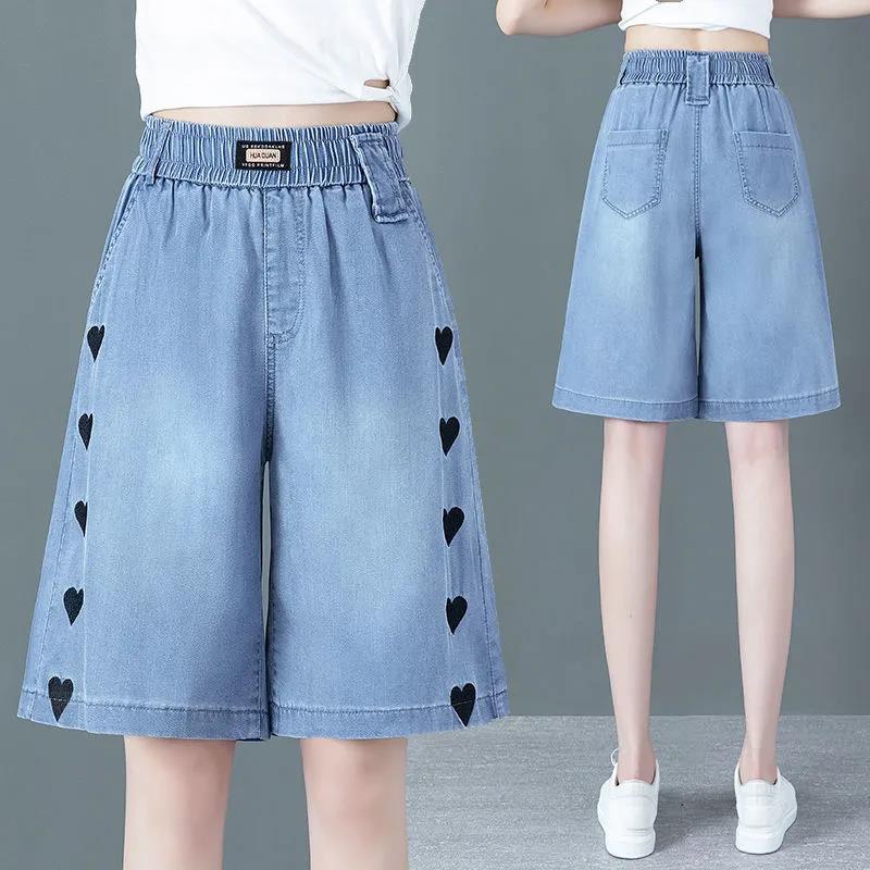Tencel Thin Denim Shorts Women's Summer High Waist Loose Loose Thin Pants Wide-leg Ice Silk Five-point Pants