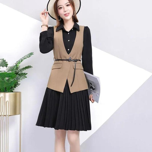 Send Belt Spring and Autumn New Women's Long-sleeved Dress Temperament Waist Waist Vest Shirt Two-piece A-line Base Dress