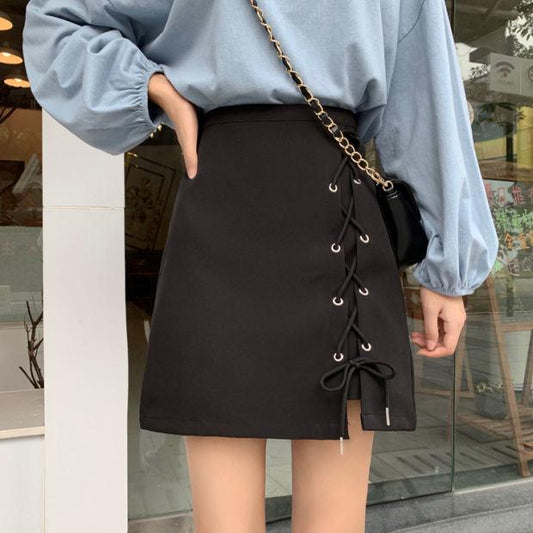Sexy Strappy Skirt High Waist A-line Skirt College Style Slim Skirt Bag Hip Summer Mini Skirt
