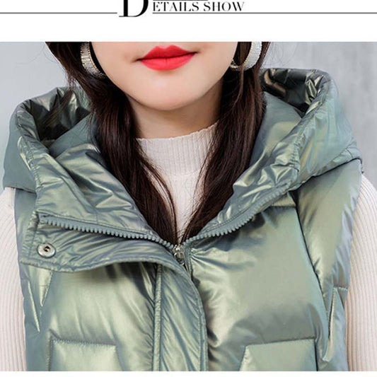 Glossy Disposable Down Cotton Vest Women's Mid-length Autumn and Winter Thick Padded Coat Vest Loose Hooded Waistcoat