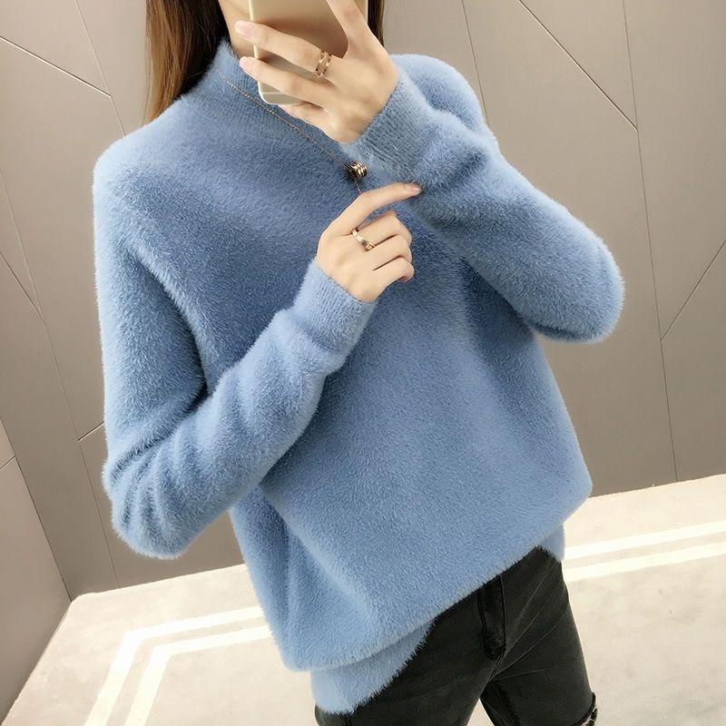 Pofulove Women Silmulated Mink Cashmere Base Sweater Turtleneck Knitting Casual Pullover Top Jumpers