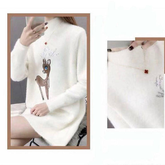Ofulove Plus Velvet Knitted Medium Long Slim Half Turtleneck Quality Fawn Embroidery Winter