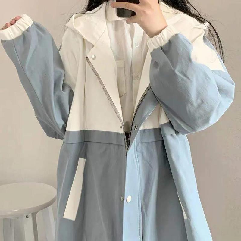 Autumn and Winter College Style Blue Work Coat Loose Hooded Baseball Uniform Jacket Women's Long-sleeved Warm