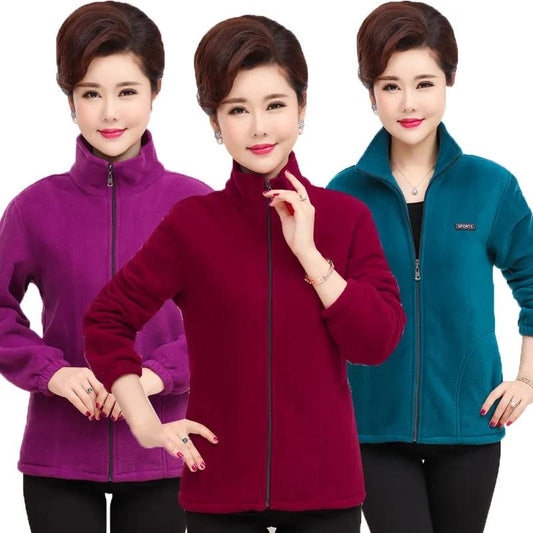 Middle-aged Elderly Women's Polar Fleece Sports Jacket Spring and Autumn Stand Collar Loose Outdoor Casual Sweatshirt Fleece Solid Color Short Top