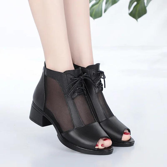 Sandals Women's Mid-heel Mesh Thick-heeled High-heeled Shoes Women's Fish Mouth Black Low-heeled Sandals