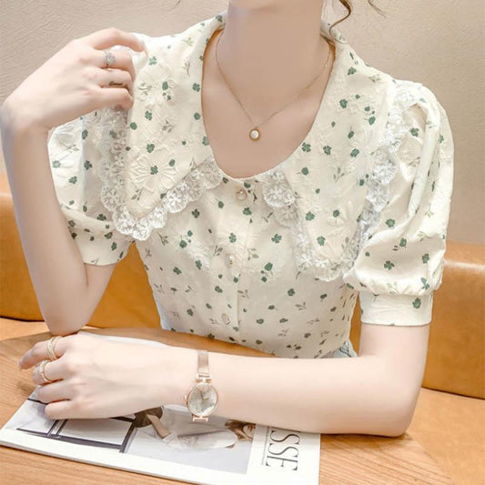 Floral Bubble Short-sleeved Top Design Sense Niche French Sweet Doll Collar Top Women