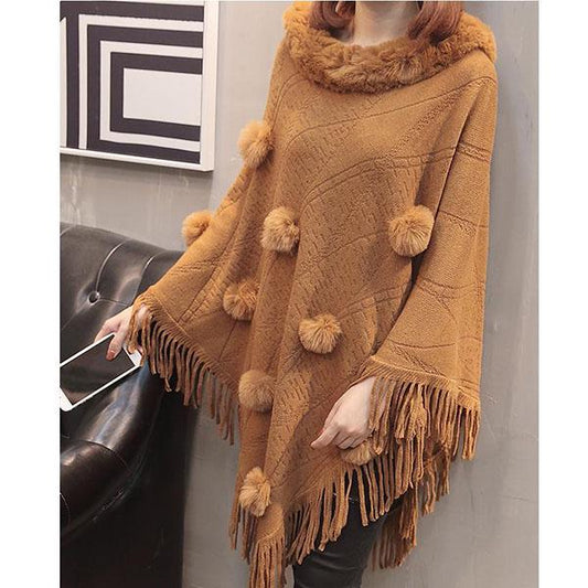 Women's Loose Sweater Outer Wear Fur Collar Batwing Sweater Hand-woven Tassel Cloak Knit Shawl Autumn Winter