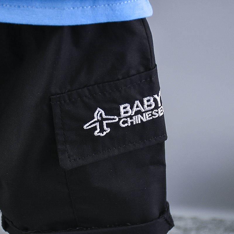 Children Clothing Summer Boy Suit Baby Short-sleeved Lapel Shorts Children's Captain Clothing Printing Epaulette Decoration Children's Two-piece Suit