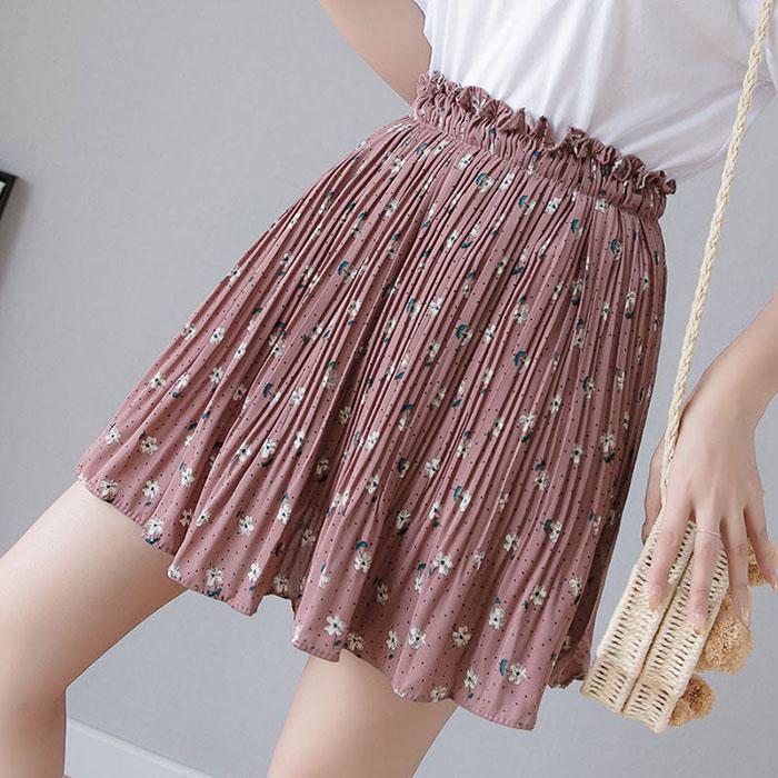 Pofulove Women Pleated Chiffon Skirt High Waist Slim Floral Package Hip Skirts Mini A-line Skirt
