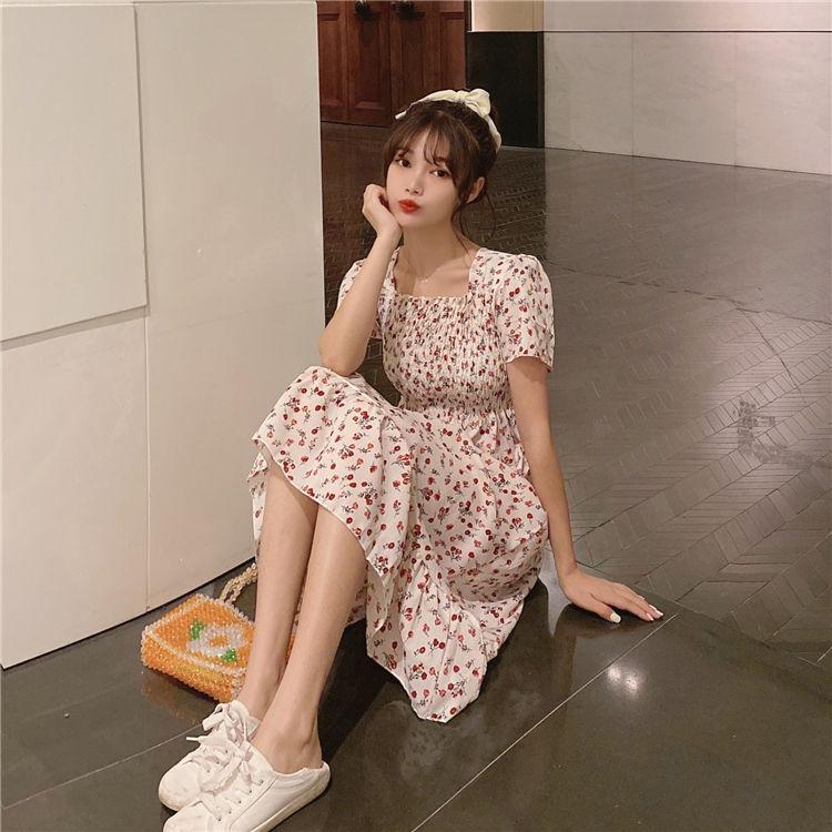 Female Little Fresh Floral Chiffon Dress Retro Elegant Square Neck High Waist Short Sleeve Ruffle Dress