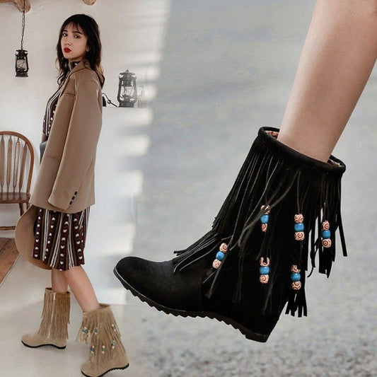Fall/Winter Suede Boots Mihemia Beaded Inner Heightened Round Head Wedges Boots Tassel Ankle Boots Plus Size 34-43