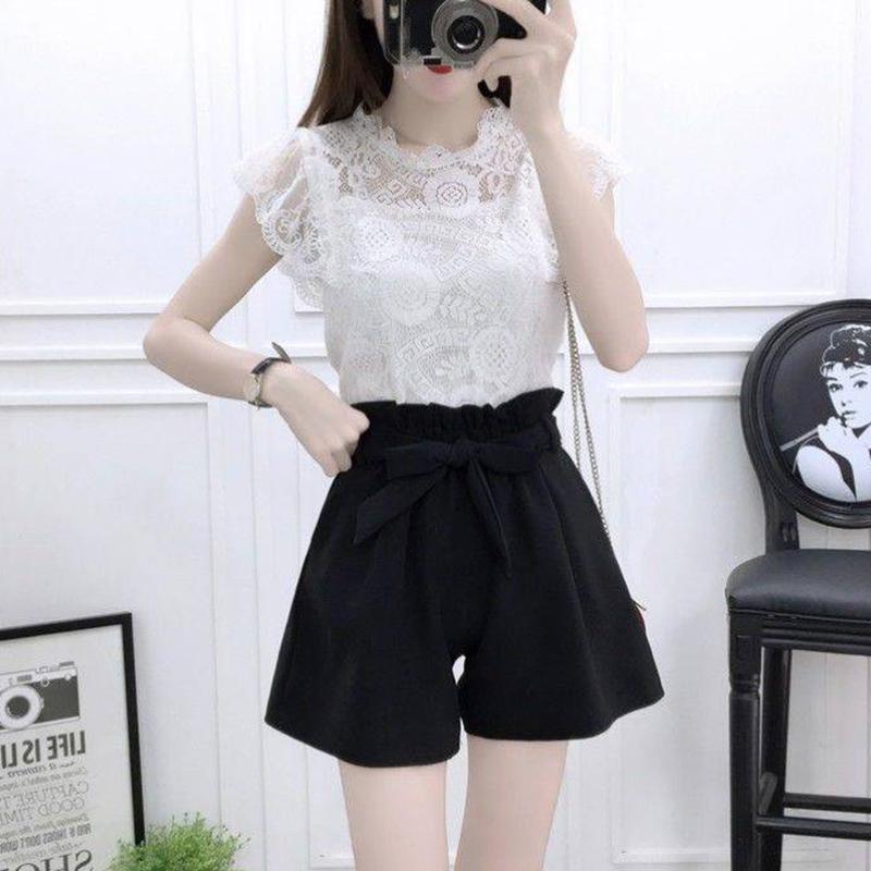Women Slim High Quality O-Neck Cotton Lace T-Shirt+High Waist Elastic Shorts Two Piece Set